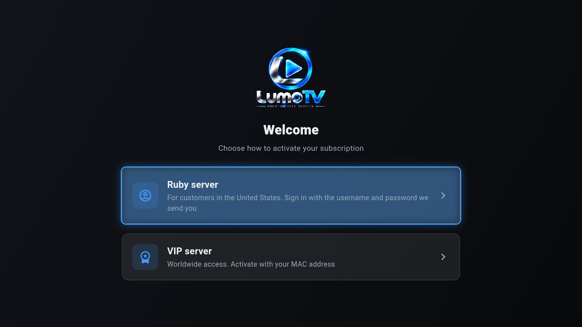 The first screen of the Lumo TV app, with Ruby server at the top